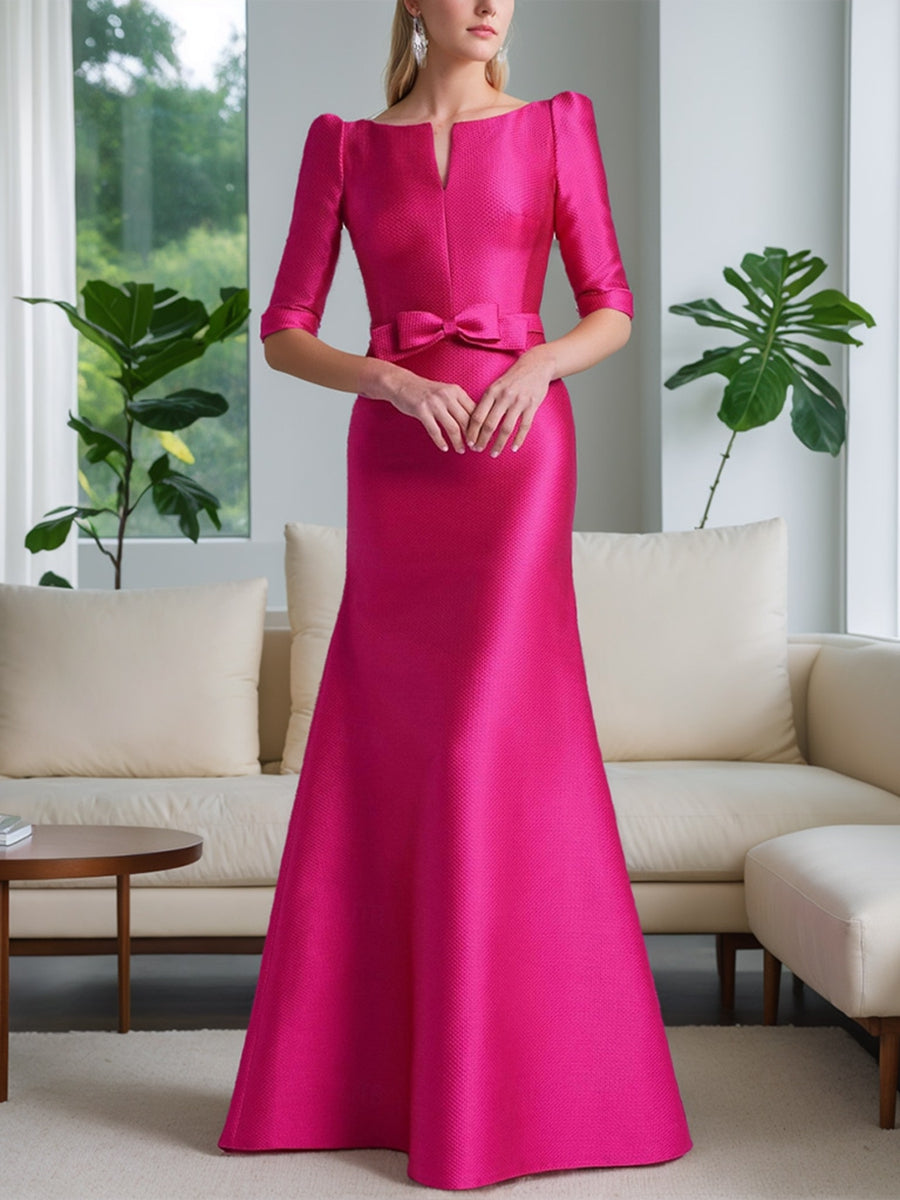 Mother Of The Bride A Line Princess Dress With Scoop Neck Half Sleeves Bow Belt