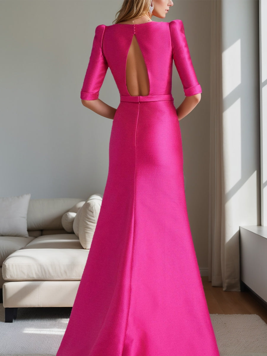 Mother Of The Bride A Line Princess Dress With Scoop Neck Half Sleeves Bow Belt