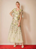 V-Neck Floral A-Line Mother Of The Bride Dress Embroidered Short Sleeves