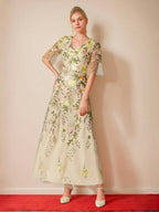 V-Neck Floral A-Line Mother Of The Bride Dress Embroidered Short Sleeves