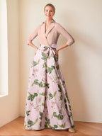 V Neck Floral Print Mother Of The Bride Dress With Bow Belt A Line