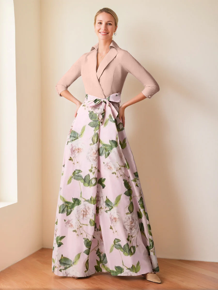 V Neck Floral Print Mother Of The Bride Dress With Bow Belt A Line
