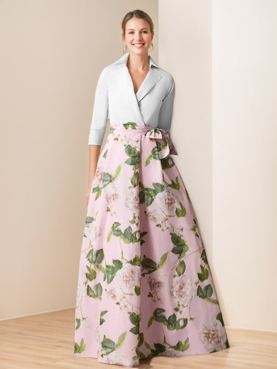V Neck Floral Print Mother Of The Bride Dress With Bow Belt A Line