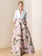 V Neck Floral Print Mother Of The Bride Dress With Bow Belt A Line