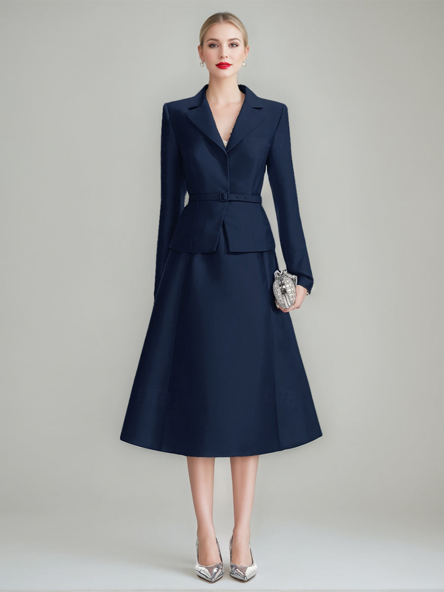 V Neck A Line Princess Tea Length Dress With Long Sleeves Belt For Mothers