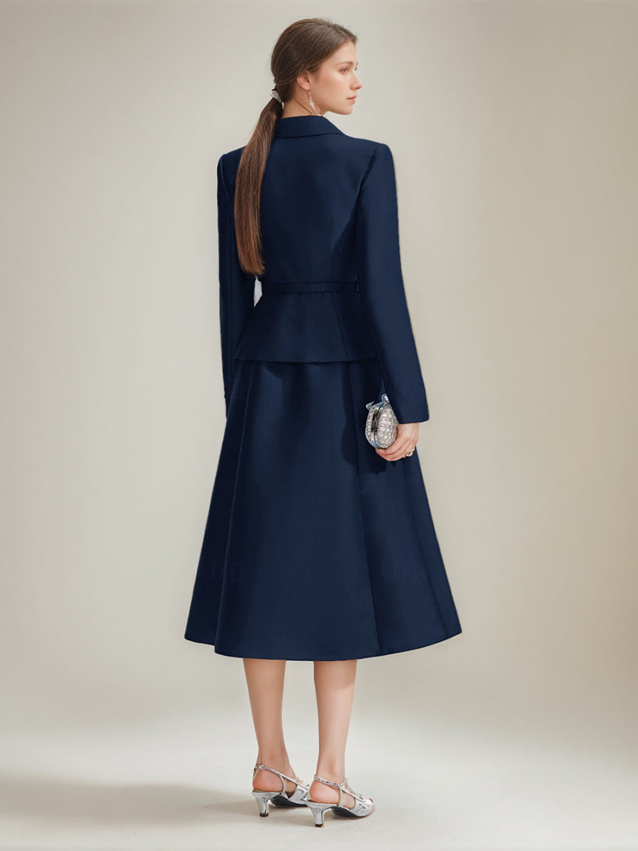 V Neck A Line Princess Tea Length Dress With Long Sleeves Belt For Mothers