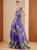 Floral V Neck Sleeveless A Line Dress With Bow Belt For Mother Of The Bride