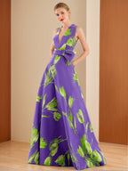 Floral V Neck Sleeveless A Line Dress With Bow Belt For Mother Of The Bride