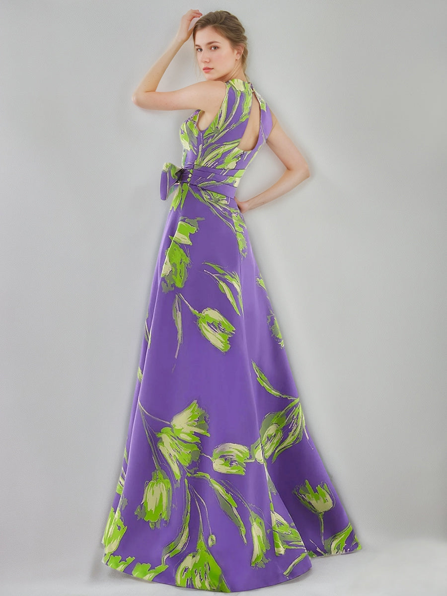 Floral V Neck Sleeveless A Line Dress With Bow Belt For Mother Of The Bride