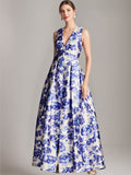Elegant Printed Floral Floor-Length A-Line Dress with V-Neck and High Split for Mothers of the Bride & Groom