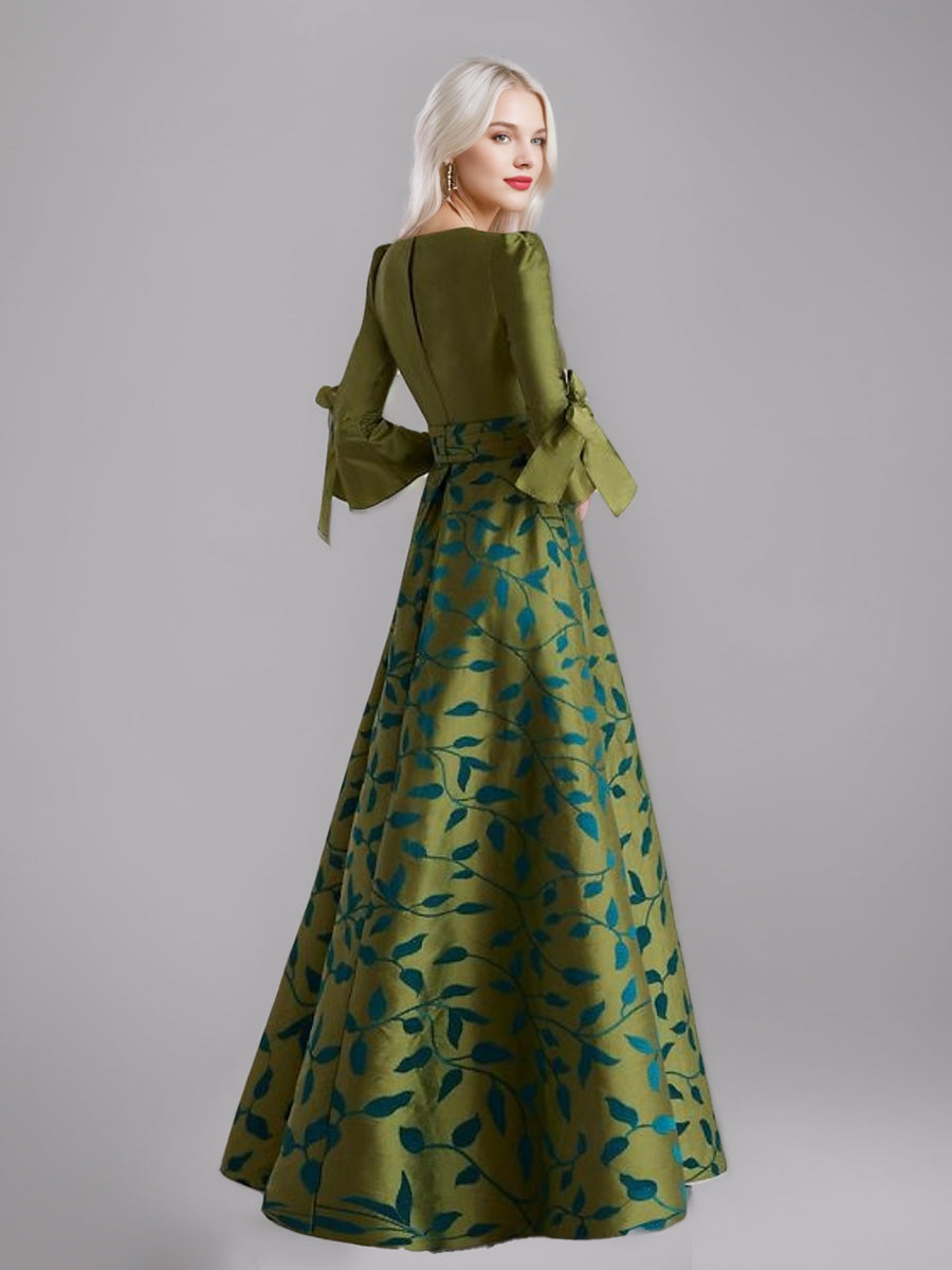 Printed Leaves Mother Of The Bride A Line Dress Sleeves Side Split Belt Ruffles