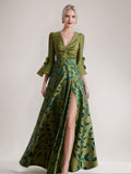 Printed Leaves Mother Of The Bride A Line Dress Sleeves Side Split Belt Ruffles