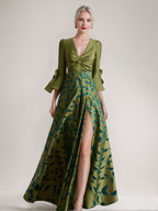 Printed Leaves Mother Of The Bride A Line Dress Sleeves Side Split Belt Ruffles