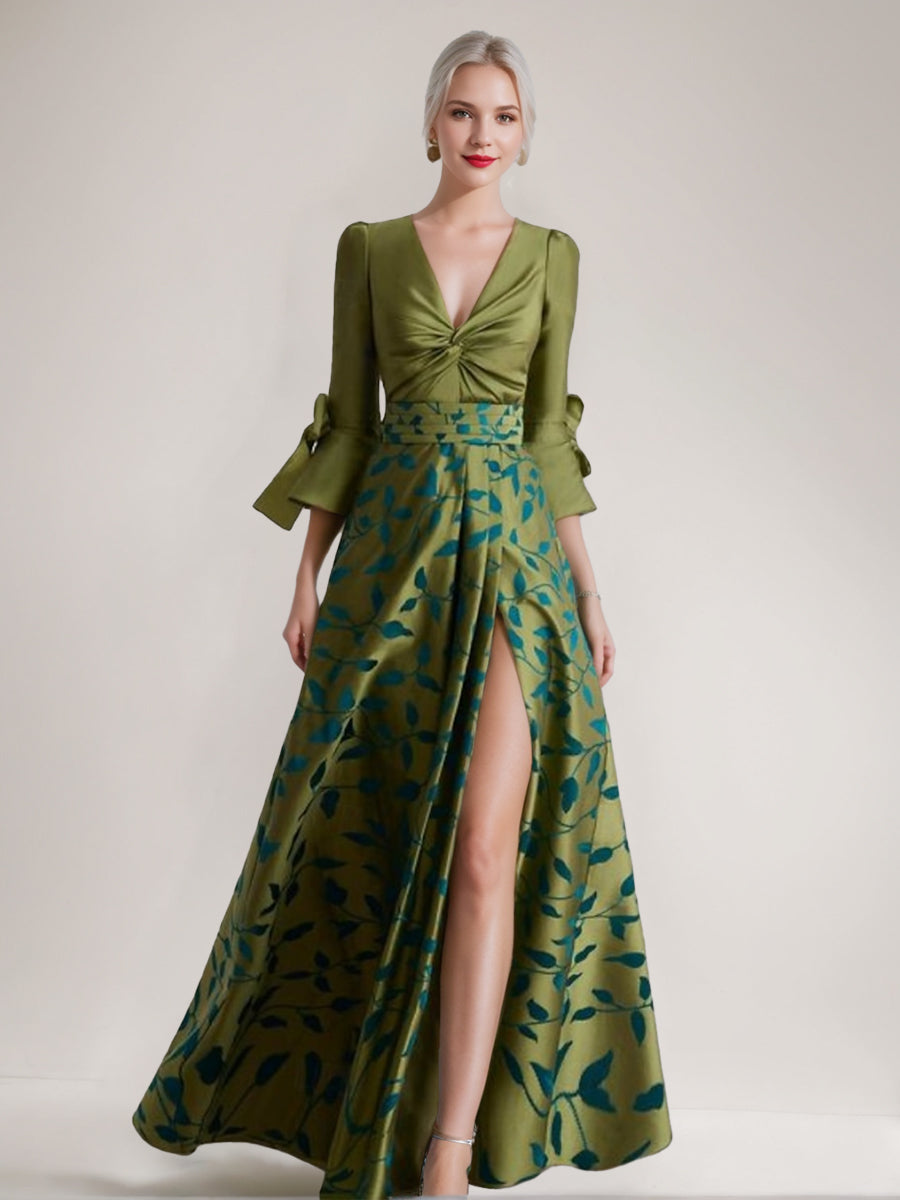 Printed Leaves Mother Of The Bride A Line Dress Sleeves Side Split Belt Ruffles