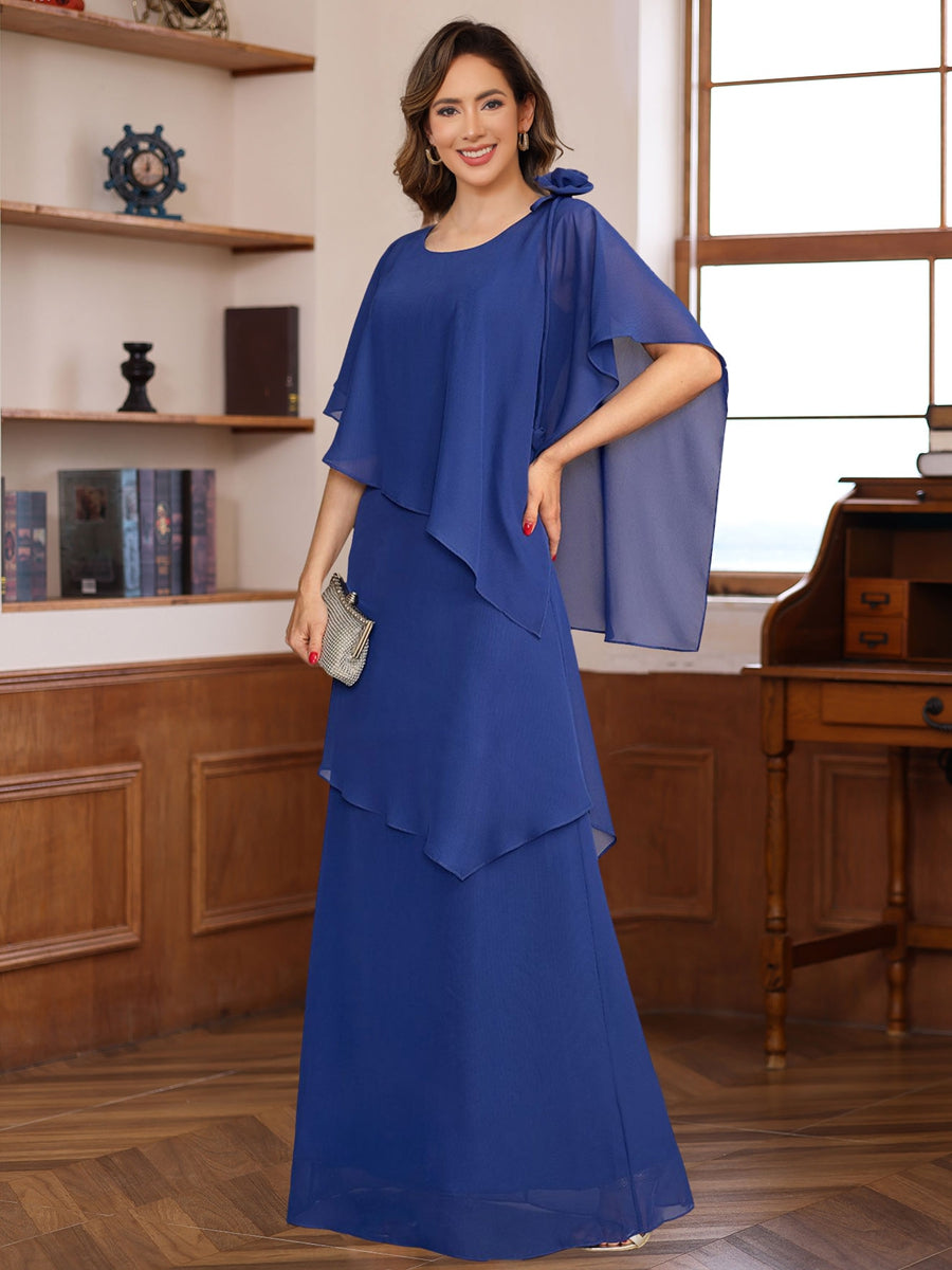 Mother Of The Bride Dress Short Sleeve Floor Length With Ruffles And Flowers