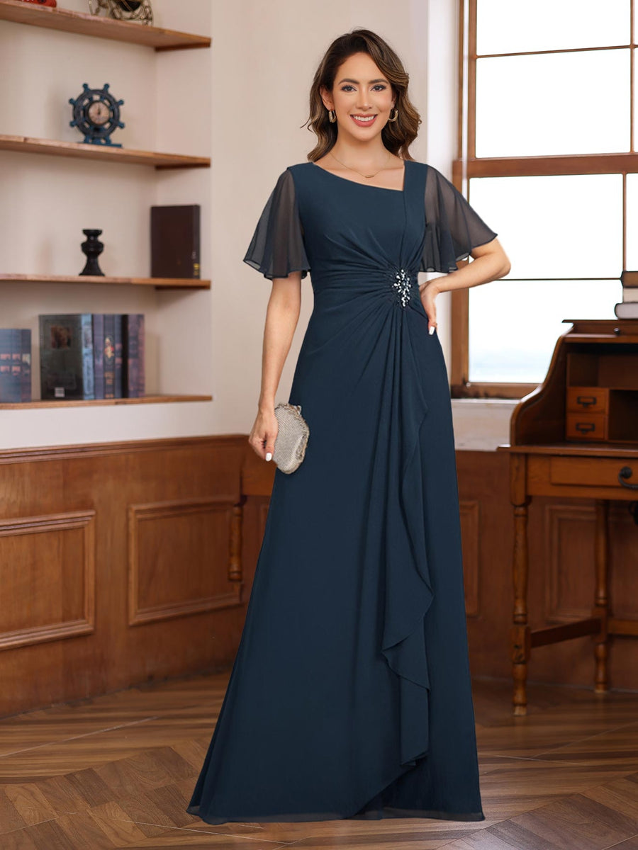 V Neck Chiffon Dress Short Sleeves Ruffles And Appliques For Mother Of The Bride