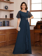 V Neck Chiffon Dress Short Sleeves Ruffles And Appliques For Mother Of The Bride