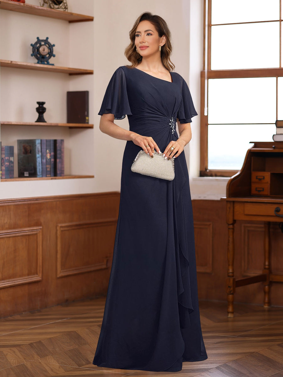V Neck Chiffon Dress Short Sleeves Ruffles And Appliques For Mother Of The Bride