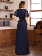 V Neck Chiffon Dress Short Sleeves Ruffles And Appliques For Mother Of The Bride