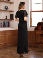 Pleated A Line Mother Of Bride And Groom Dress With Scoop Neck Beaded Sleeves
