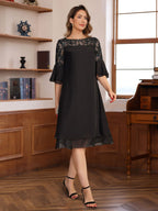 Knee Length A Line Dress Round Neck Half Sleeves Lace Appliques Ruffles Mothers