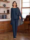 Floor Length Chiffon Mother Of The Bride Pantsuit Set With Ruffles Beading