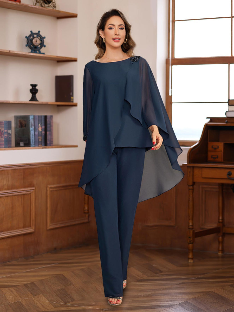 Floor Length Chiffon Mother Of The Bride Pantsuit Set With Ruffles Beading