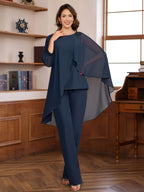 Floor Length Chiffon Mother Of The Bride Pantsuit Set With Ruffles Beading