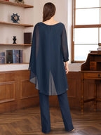 Floor Length Chiffon Mother Of The Bride Pantsuit Set With Ruffles Beading
