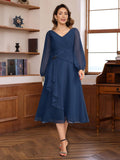 V Neck A Line Dress Long Sleeves Pleats And Appliques For Mothers Of The Bride