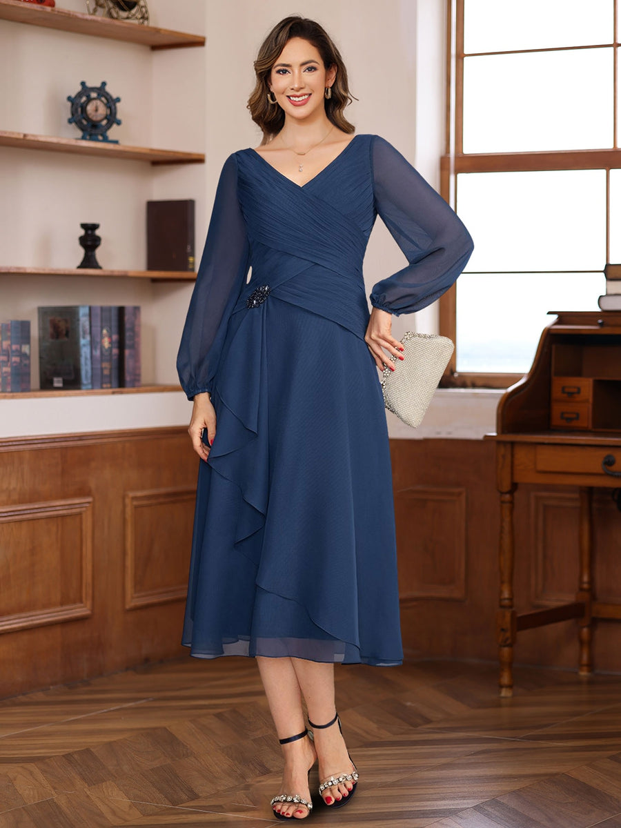 V Neck A Line Dress Long Sleeves Pleats And Appliques For Mothers Of The Bride