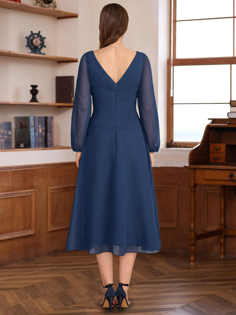 V Neck A Line Dress Long Sleeves Pleats And Appliques For Mothers Of The Bride