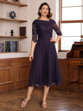 V Neck A Line Tea Length Dress With Lace Appliques And Half Sleeves For Mothers