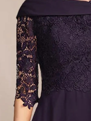V Neck A Line Tea Length Dress With Lace Appliques And Half Sleeves For Mothers