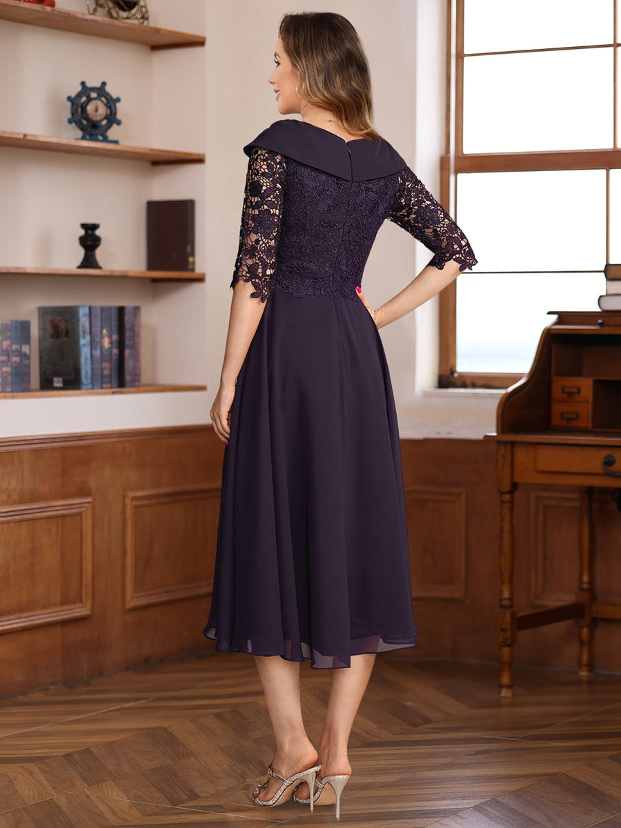 V Neck A Line Tea Length Dress With Lace Appliques And Half Sleeves For Mothers