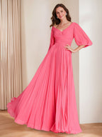 V Neck A Line Floor Length Mother Of The Bride Dress With Ruffles And Sleeves
