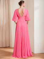 V Neck A Line Floor Length Mother Of The Bride Dress With Ruffles And Sleeves