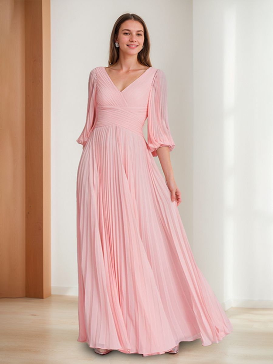 V Neck A Line Floor Length Mother Of The Bride Dress With Ruffles And Sleeves