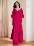 V Neck A Line Floor Length Mother Of The Bride Dress With Ruffles And Sleeves