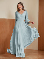 V Neck A Line Floor Length Mother Of The Bride Dress With Ruffles And Sleeves