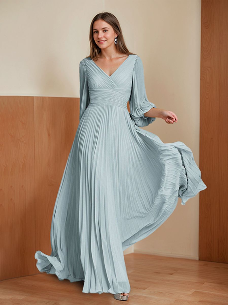 V Neck A Line Floor Length Mother Of The Bride Dress With Ruffles And Sleeves
