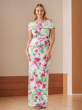 Off Shoulder Printed Floral Mother of the Bride Sheath Dress Plus Size Ruches