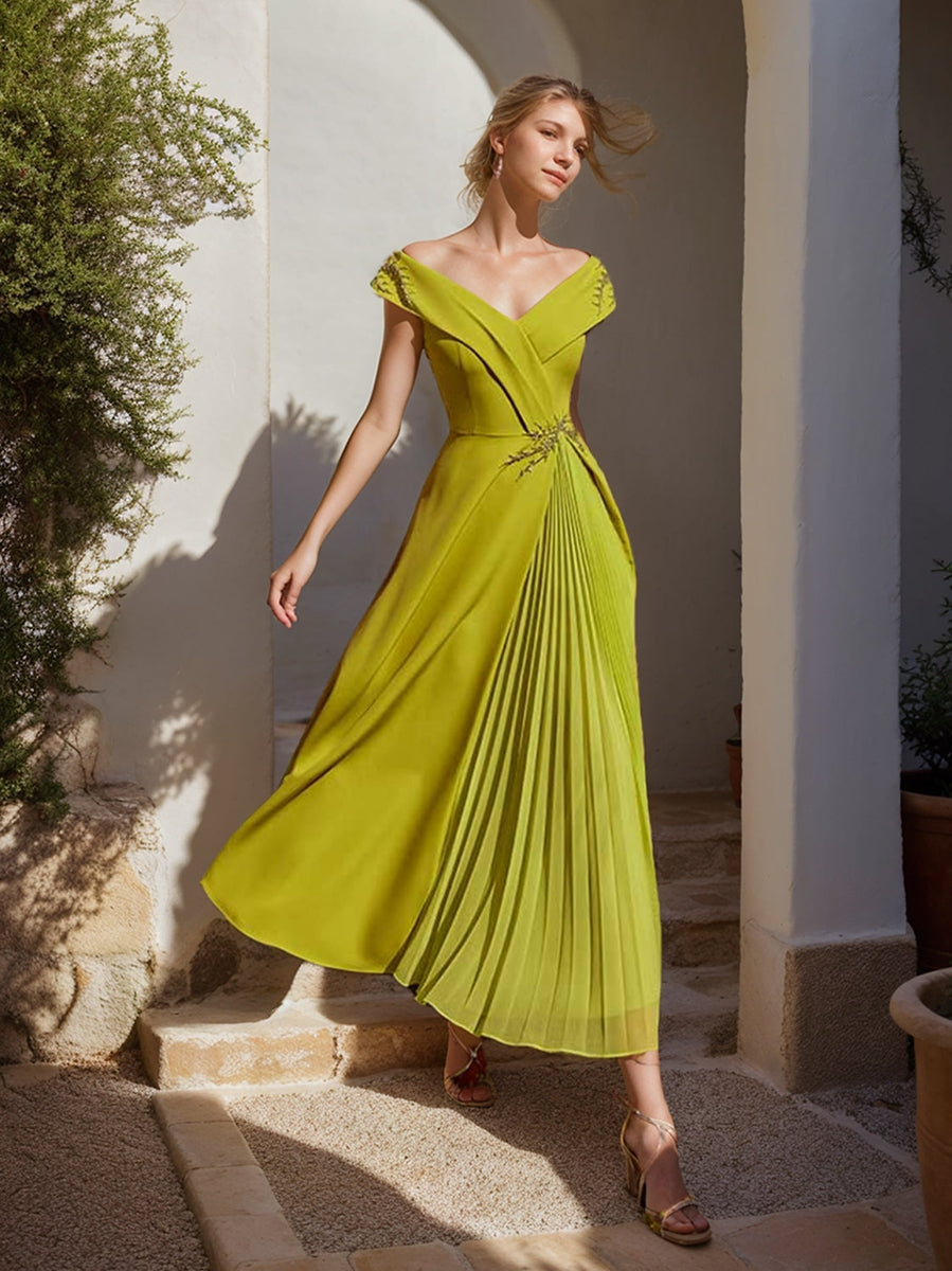 Off Shoulder Ruffled Sleeveless A Line Dress For Mother Of The Bride And Groom