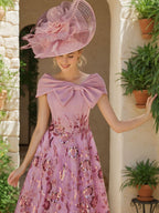 V-Neck A-Line Tea-Length Mother Of The Bride Dress With Embroidery And Bow