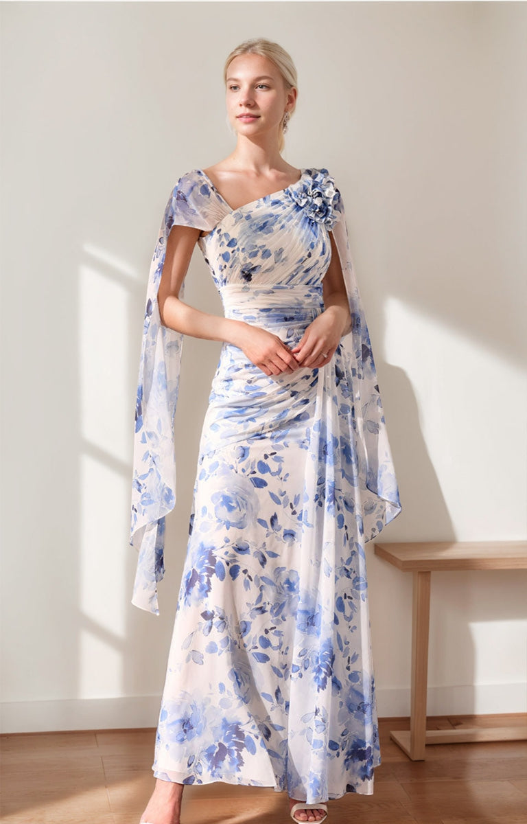 Pleated Floral V Neck A Line Mother Of The Bride Dress With Ruffles 3D Flowers