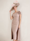 Off Shoulder Pleated Tea Length Mother Of The Bride Dresses 3D Flower Sheath
