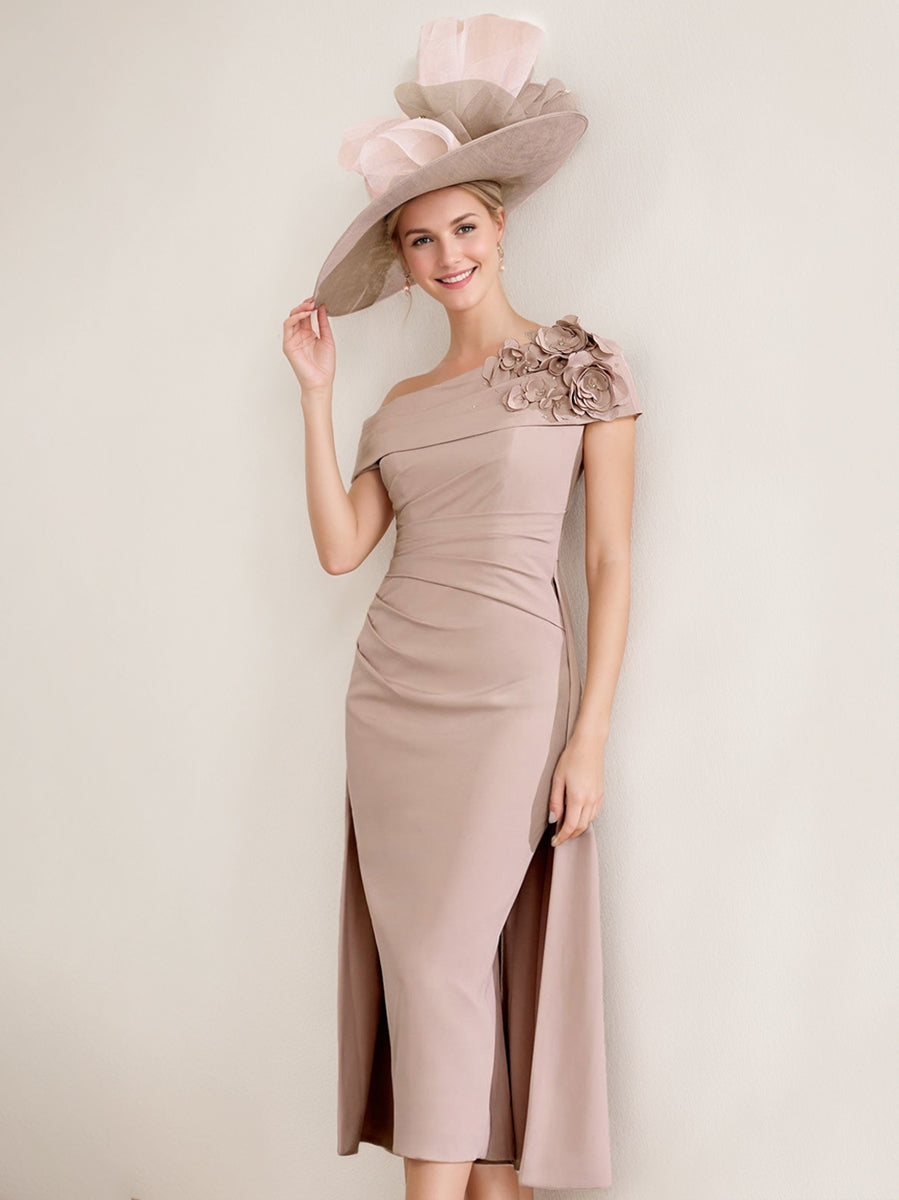 Off Shoulder Pleated Tea Length Mother Of The Bride Dresses 3D Flower Sheath