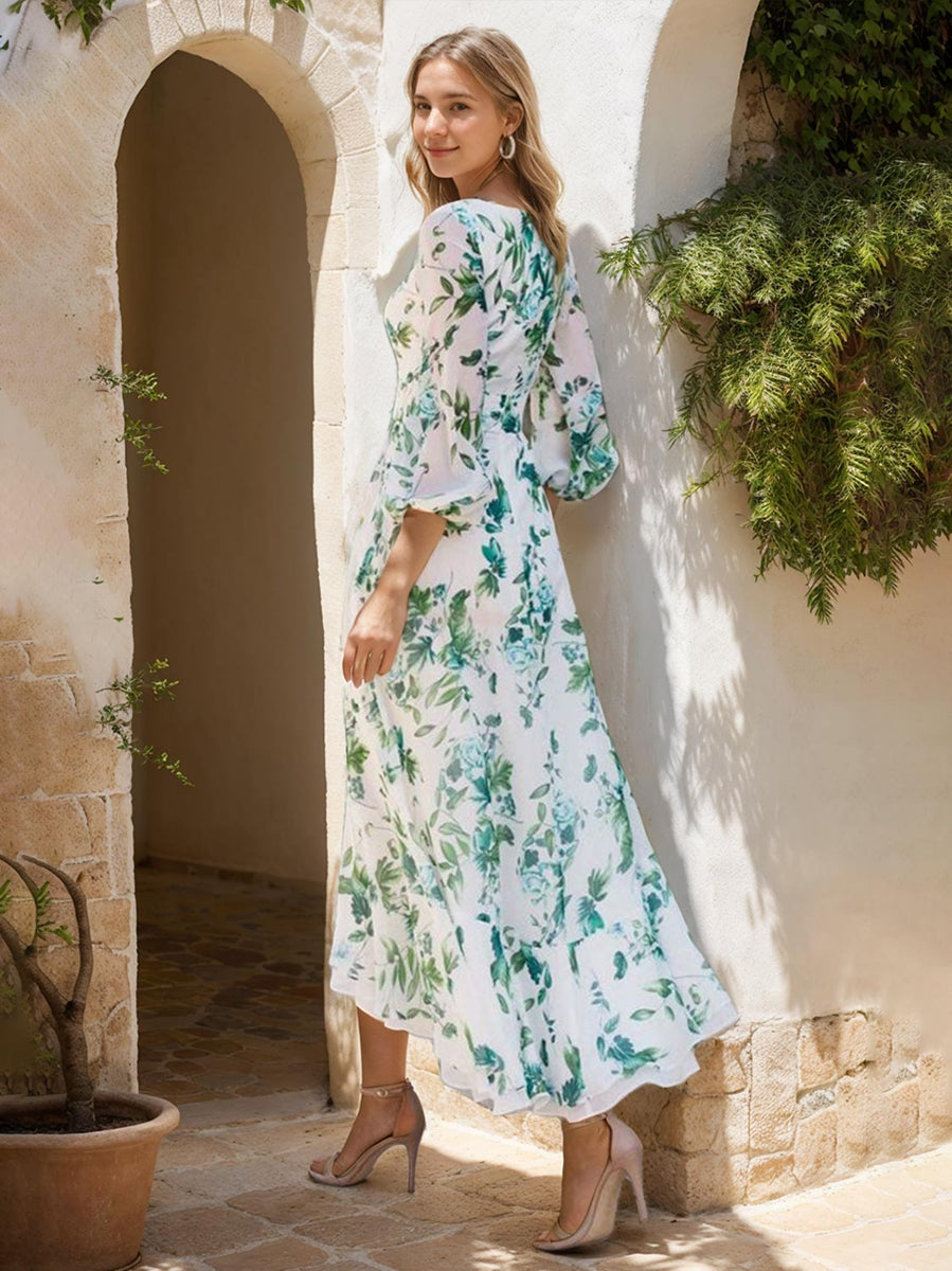 Floral Print Mother Of The Bride Dress With V Neck And Three Quarter Sleeves