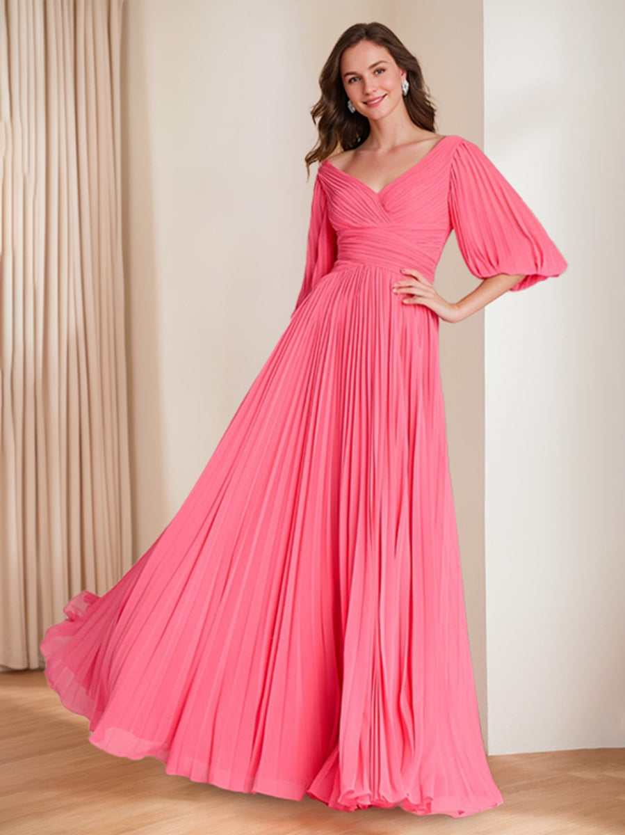 Chic V Neck A Line Mother Of The Bride Dress In Pleated Chiffon
