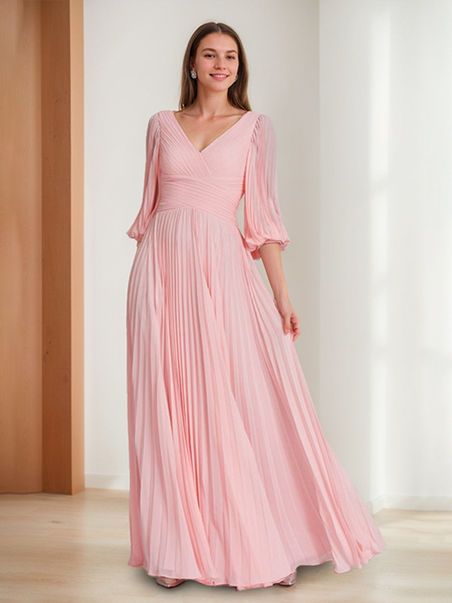 Chic V Neck A Line Mother Of The Bride Dress In Pleated Chiffon